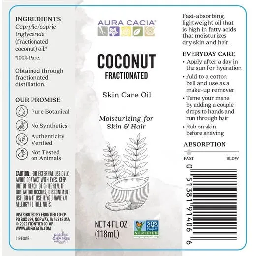 Aura Cacia Body Oil Coconut Fractionated 4oz